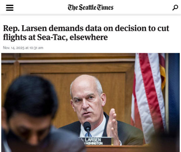 Screenshot of The Seattle Times' article: Rep. Larsen demands data on decision to cut flights at Sea-Tac